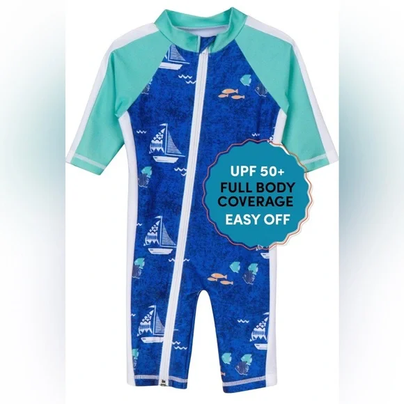 SwimZip Boys' Long-Sleeve UPF 50+ Swimsuit Blue and Green Rash Guard Size 6-12M